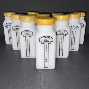 Set of 10 Griffith’s Yellow Spice Jars All Have Back Labels, Shaker & Yellow Cap